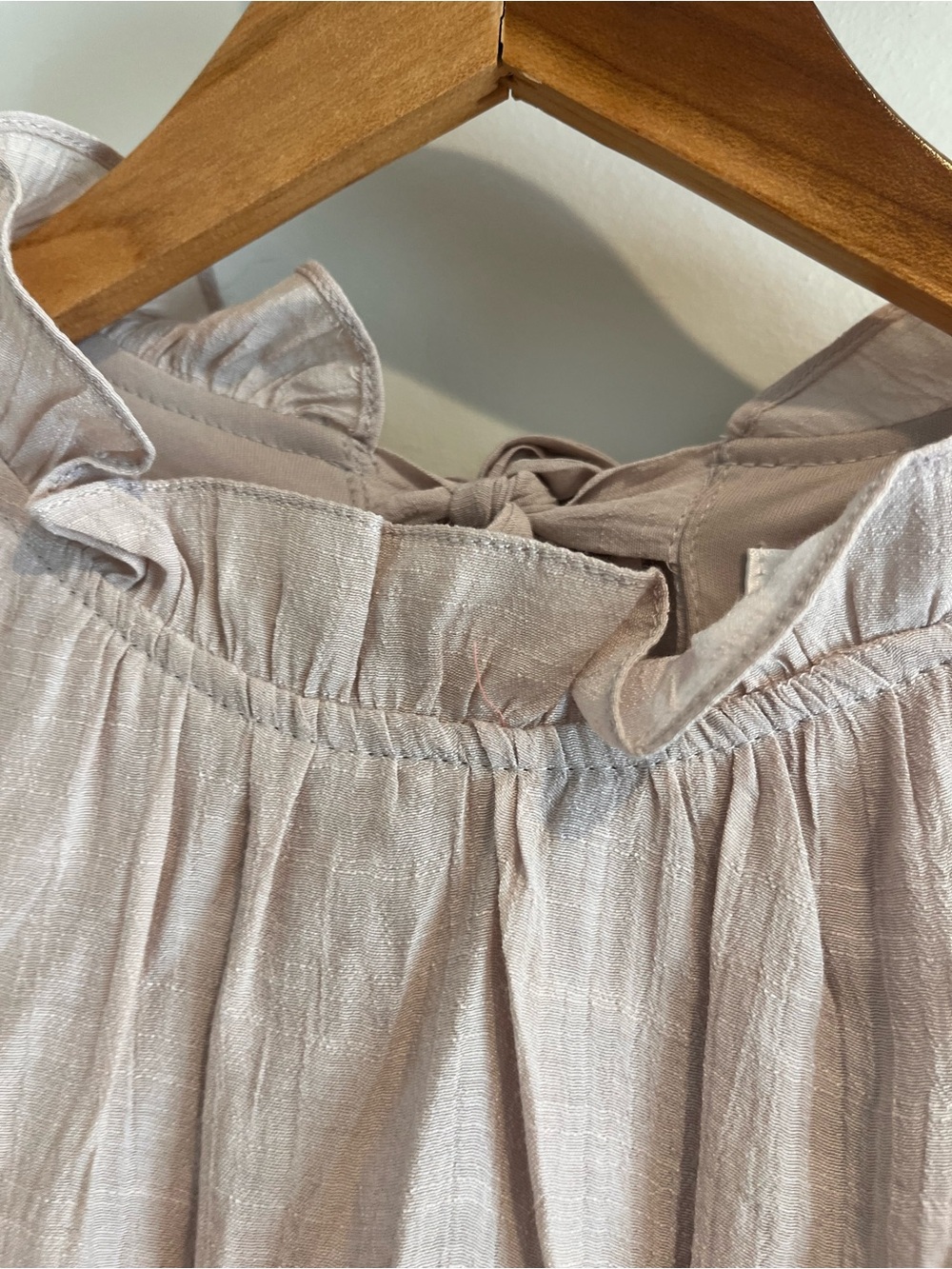 High Neck Ruffle Gauze Dress MEDIUM Beige Tan Tiered Midi Cottage Pockets NWT - Picture 5 of 14